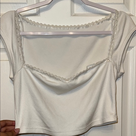 White Lace Trim Ribbed Crop Top - Picture 1 of 1